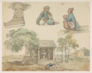 165 Figurstudier og helligdom.  , fra et album med 372 tegninger af landskaber, kystlinjer, kostumer og hverdagsliv lavet under Lord Macartneys ambassade til kejseren af Kina, mellem 1792 og 1794 (blyant og akvarel på papir) af William Alexander
