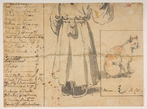 180 Kat, figur og liste over Alexanders bagage., fra et album med 372 tegninger af landskaber, kystlinjer, kostumer og hverdagsliv lavet under Lord Macartneys ambassade til kejseren af Kina, mellem 1792 og 1794 (blyant og akvarel på papir) af William Alexander