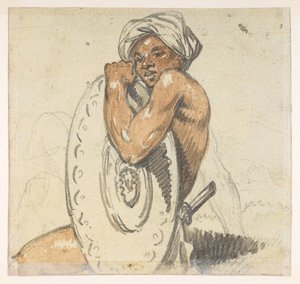 29v Ung mand med skjold.  fra et album med 372 tegninger af landskaber, kystlinjer, kostumer og hverdagsliv lavet under Lord Macartneys ambassade til Kinas kejser, mellem 1792 og 1794 (blyant og akvarel på papir) af William Alexander