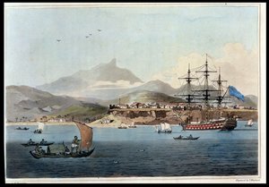 Porto Praya på øen St. Jago, planche 4 fra "A Voyage to Cochinchina" af John Barrow (1764-1848), graveret af Thomas Medland (1755-1823) 1806 (akvatint)