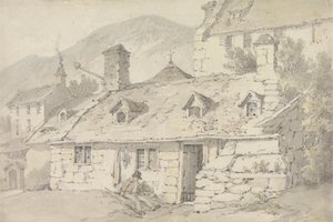 Stenhytter i et bjergrigt landskab med en figur i forgrunden af William Alexander