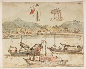 f.59 148 Både og triumfbuer.  , fra et album med 372 tegninger af landskaber, kystlinjer, kostumer og hverdagsliv lavet under Lord Macartneys ambassade til Kinas kejser, mellem 1792 og 1794 (blyant og akvarel på papir) af William Alexander