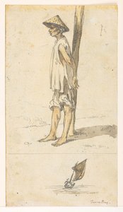 f.5 32v Ung mand lænet op ad et træ;en båd. 