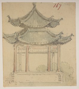 f. 63 167 Tempel.  , fra et album med 372 tegninger af landskaber, kystlinjer, kostumer og hverdagsliv lavet under Lord Macartneys ambassade til Kinas kejser, mellem 1792 og 1794 (blyant og akvarel på papir) af William Alexander