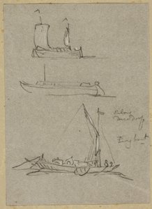 Tre skitser af Düsseldorf-flodbåde af William Alfred Delamotte