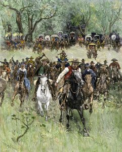 USA, Oklahoma State: West Conquete. Ejere læsser ved signal i West Oklahoma under landrush af William Allen (after) Rogers