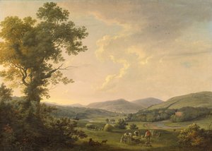 Landskab med hømagere og en fjern udsigt over et georgisk hus, ca. 1780 (olie på lærred)