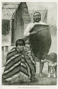 Tre generationer af maorier. Gravering af Barbotin til illustration af historien Voyage a la Nouvelle Zelande, 1889, af G. Verschuur, i le tour du monde 1890, instrueret af Edouard Charton (1807-1890), Hachette, Paris. af William Barbotin