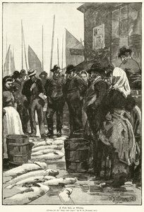 Et fiskesalg i Whitby (gravering) af William Barnes (after) Wollen