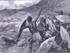 Kamp i Matopos-bakkerne: anklage over Matabele, illustration fra Cassells History of England, 1900-tallet af William Barnes Wollen