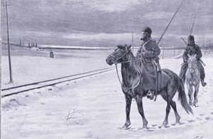 Bevogtning af jernbanen nær Mukden, illustration fra Cassells History of the Russo-Japanese War Vol 1, ca. 1900 af William Barnes Wollen