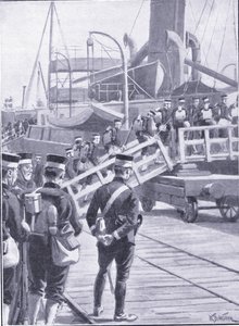 Japanske tropper går om bord i Kobe, illustration fra Cassells History of the Russo-Japanese War Vol 1, ca. 1900 af William Barnes Wollen