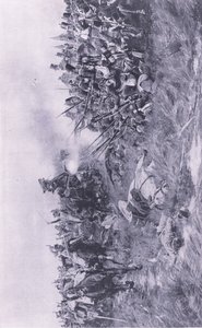 28th ist Gloucester Regiment modtager fransk kavaleri ved Waterloo den 18. juni 1815, illustration fra British Battles on Land and Sea , 1915 af William Barnes Wollen