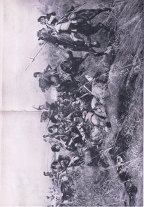 The Black Watch at the Battle of Quatre Bras 16. juni 1815, illustration fra British Battles on Land and Sea, 1915 af William Barnes Wollen