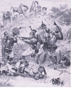 Angrebet på muren ved Hougomont: Waterloo 1815, illustration fra British Battles on Land and Sea, 1915 af William Barnes Wollen