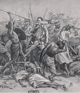 Pladsen ved Abu-Klea, 17. januar 1885, illustration fra britiske slag på land og hav, 1915 af William Barnes Wollen