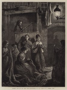 London Life at the East End, sækkefremstilling ved lyset af en gadelampe (gravering) af William Bazett Murray