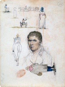 Otte små tegninger, inklusive portræt, figurstudier, vogne, af kunstneren William Berryman. af William Berryman