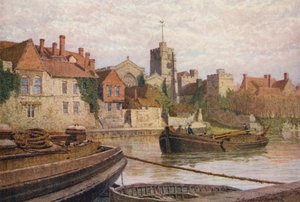 Maidstone, bagsiden af det gamle palads, kirken og Old College set fra den anden side af Medway (farvelitografi) af William Biscombe Gardner