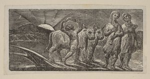 Dreng vender glædeligt tilbage, med plov og okser, fra Thorntons Pastorals of Virgil, 1821. af William Blake