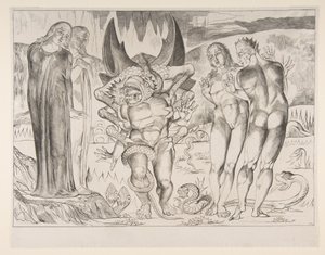 Circle of Thieves: Agnello Brunelleschi angrebet af en seksfodet slange, fra Dan..., ca. 1825-27. af William Blake
