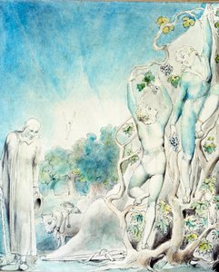 Comus møder en af brødrene, der har travlt med at plukke frugt for at fodre Lady. 1800-tallet (akvarel) af William Blake