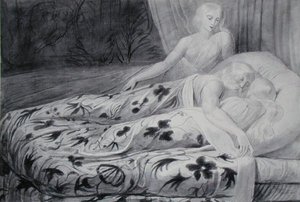 Har og Heva sover med Mnetha, der vogter dem, illustration fra 