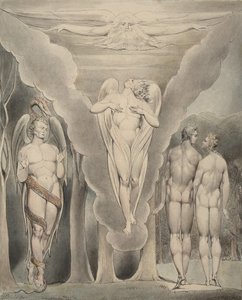 Illustration 4 til Miltons "Paradise Lost": Satan spionerer på Adam og Eva og Rafaels nedstigning til paradis, 1807 af William Blake