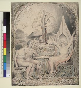 Illustration 6 til Miltons "Det tabte paradis": Raphael advarer Adam og Eva af William Blake