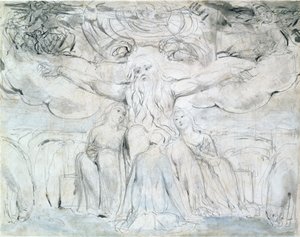 Job og hans døtre (blyant, pen og gråt blæk) af William Blake