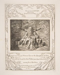 Job og hans døtre, fra Illustrationer af Jobs Bog, 1825-26. af William Blake