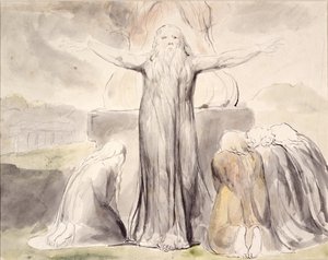 Jobs offer: Og min tjener Job skal bede for dig (pen og blæk med akvarel på papir) af William Blake