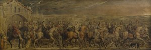 Sir Jeffrey Chaucer (ca. 1342-1400) og de ni og tyve pilgrimme på deres rejse til Canterbury (tempera på lærred) af William Blake