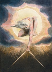 Den Gamle af Dage - Urizen måler den materielle verden ud - Urizen måler den materielle verden. Illustration af forsiden af bogen "" Europa. Til profeti." Tegning af William Blake (1757-1827) af William Blake
