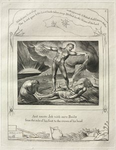 Jobs Bog: Pl. 6, Og slog Job med ømme Bylder fra hans Fodsål..., 1825. af William Blake