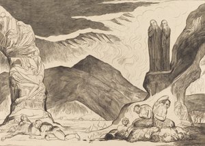 The Circle of the Falsifiers: Dante og Virgil, der dækker deres næser på grund af stanken, 1827. af William Blake