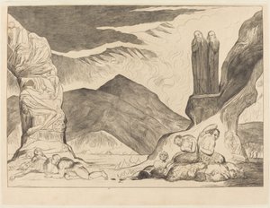The Circle of the Falsifiers: Dante og Virgil, der dækker deres næser på grund af st af William Blake