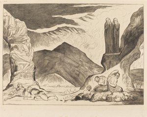 The Circle of the Falsifiers: Dante og Virgil, der dækker deres næser på grund af st af William Blake