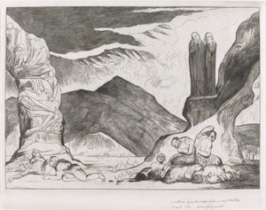 The Circle of the Falsifiers: Dante og Virgil, der dækker deres næser på grund af stanken af William Blake
