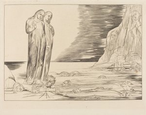 Forrædernes kreds; Dantes fod rammer Bocca degli Abbate af William Blake