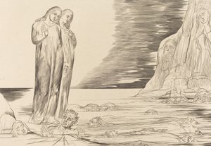 Forrædernes cirkel, Dantes fod, der slår Bocca Degli Abbate, 1827. af William Blake