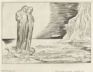 Forrædernes cirkel, Dantes fod slår Bocca degli Abbate, 1827. af William Blake