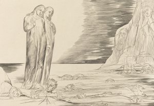 Forrædernes cirkel, Dantes fod slår Bocca degli Abbate, 1827. af William Blake