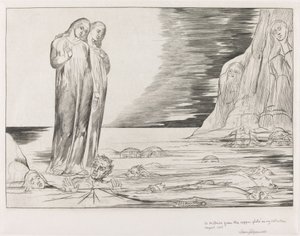 Forrædernes cirkel, Dantes fod slår Bocca degli Abbate, 1827. af William Blake