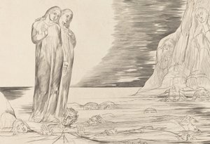 Forrædernes cirkel, Dantes fod slår Bocca degli Abbate, 1827. af William Blake