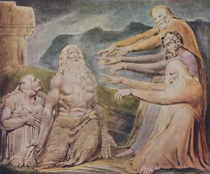 Den retfærdige oprejste mand bliver grinet til hån, c1825, 1947 af William Blake