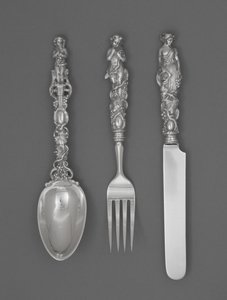 Sæt med børnebestik (kniv, gaffel og ske), ca. 1865-1874 (sølv) af William Bogert