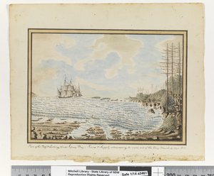 Op. s. 194. `En del af Reef & Landing steder Sydney Bay; Sirius & Supply bestræber sig på at arbejde ud af bugten. 19. marts 1790