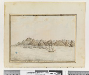 Op. s. 19. `Santa Cruz på den sydlige side af Teneriffe; Sirius og konvoj på vejene. Juni 1787. The Peak Shewing in a Gap between two other Mountains