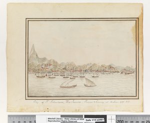 Op. s. 37. `Byen St. Sebastians, Rio Janeiro: Sirius og konvoj ved anker. 1787